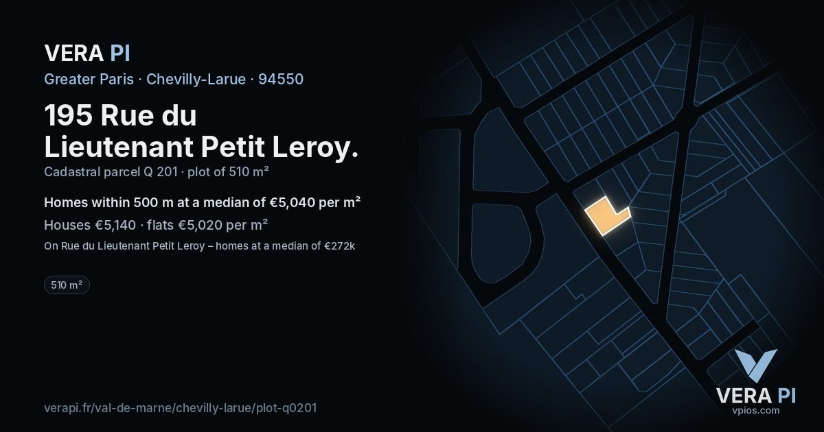 195 Rue du Lieutenant Petit Leroy, Chevilly-Larue at night – the plot lit, the parcels around coloured by the prices near them