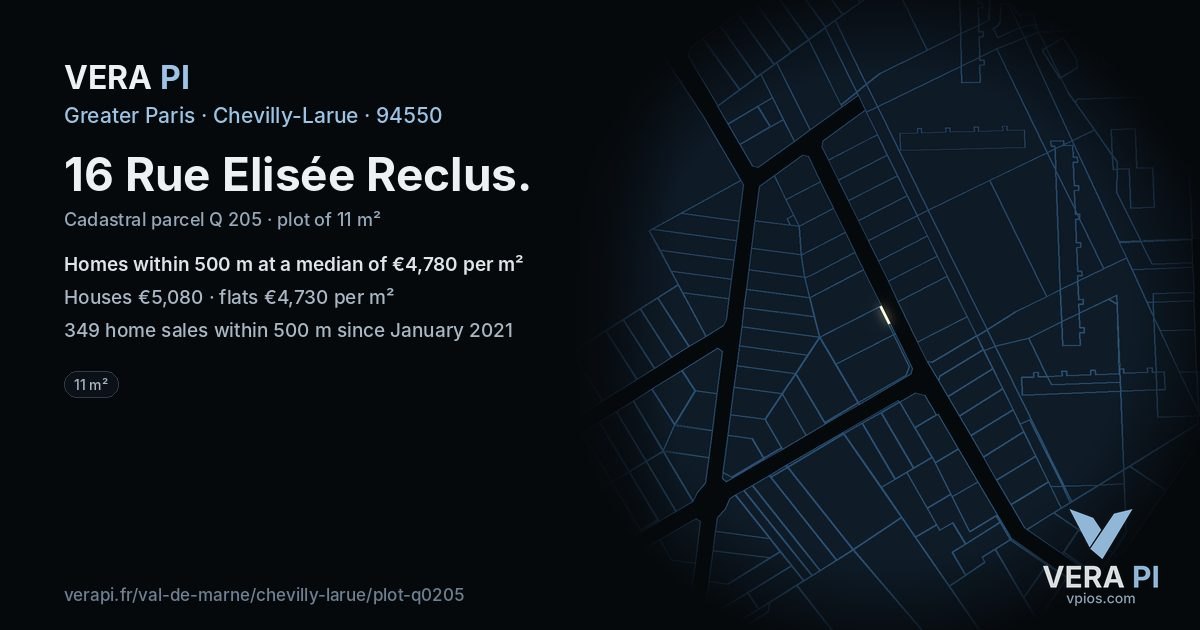 16 Rue Elisée Reclus, Chevilly-Larue at night – the plot lit, the parcels around coloured by the prices near them
