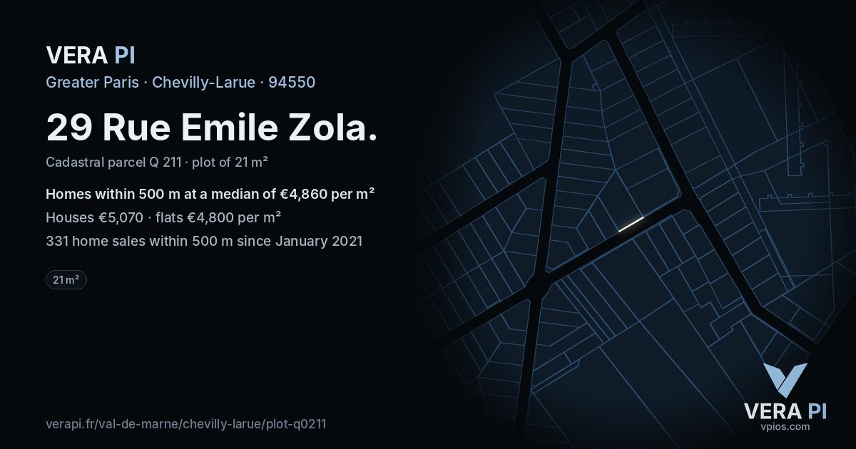 29 Rue Emile Zola, Chevilly-Larue at night – the plot lit, the parcels around coloured by the prices near them
