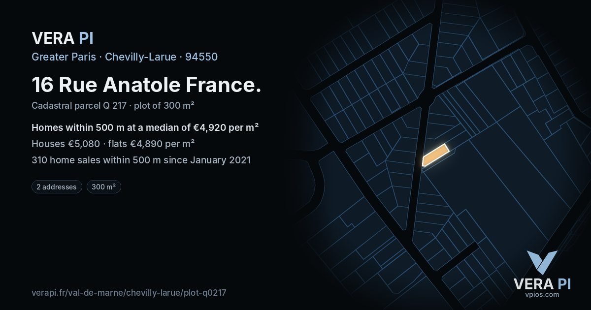 16 Rue Anatole France, Chevilly-Larue at night – the plot lit, the parcels around coloured by the prices near them