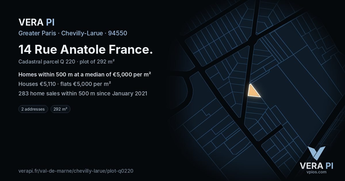 14 Rue Anatole France, Chevilly-Larue at night – the plot lit, the parcels around coloured by the prices near them