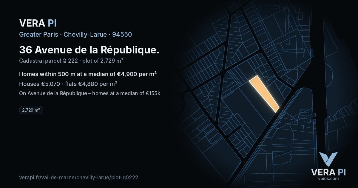 36 Avenue de la République, Chevilly-Larue at night – the plot lit, the parcels around coloured by the prices near them