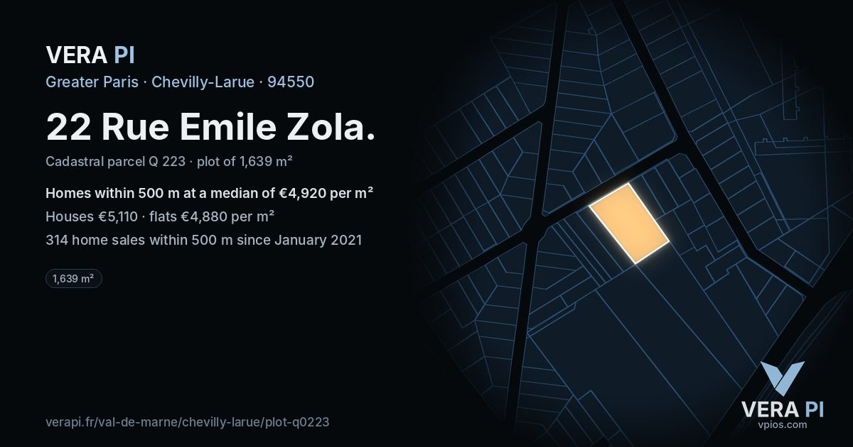 22 Rue Emile Zola, Chevilly-Larue at night – the plot lit, the parcels around coloured by the prices near them