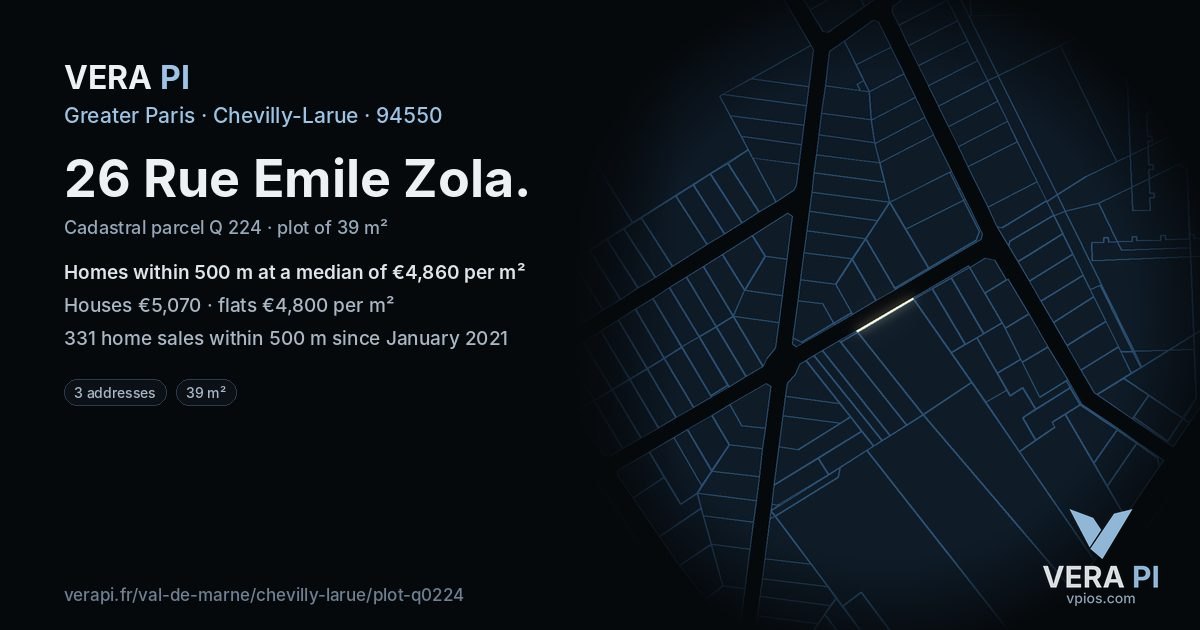 26 Rue Emile Zola, Chevilly-Larue at night – the plot lit, the parcels around coloured by the prices near them