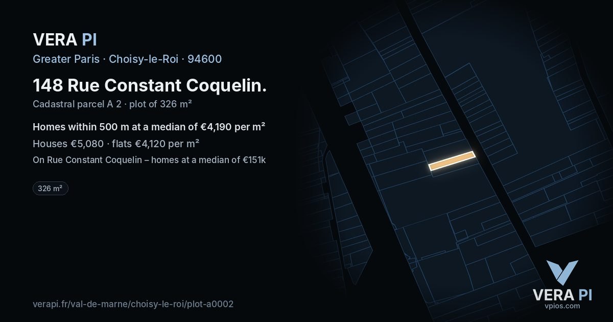 148 Rue Constant Coquelin, Choisy-le-Roi at night – the plot lit, the parcels around coloured by the prices near them
