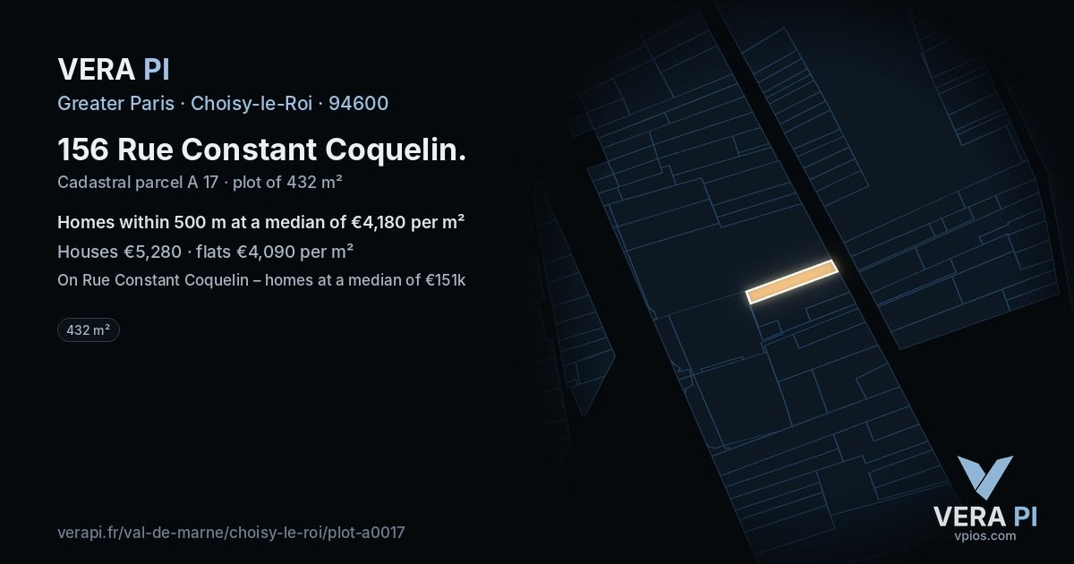 156 Rue Constant Coquelin, Choisy-le-Roi at night – the plot lit, the parcels around coloured by the prices near them