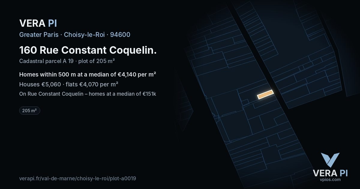 160 Rue Constant Coquelin, Choisy-le-Roi at night – the plot lit, the parcels around coloured by the prices near them