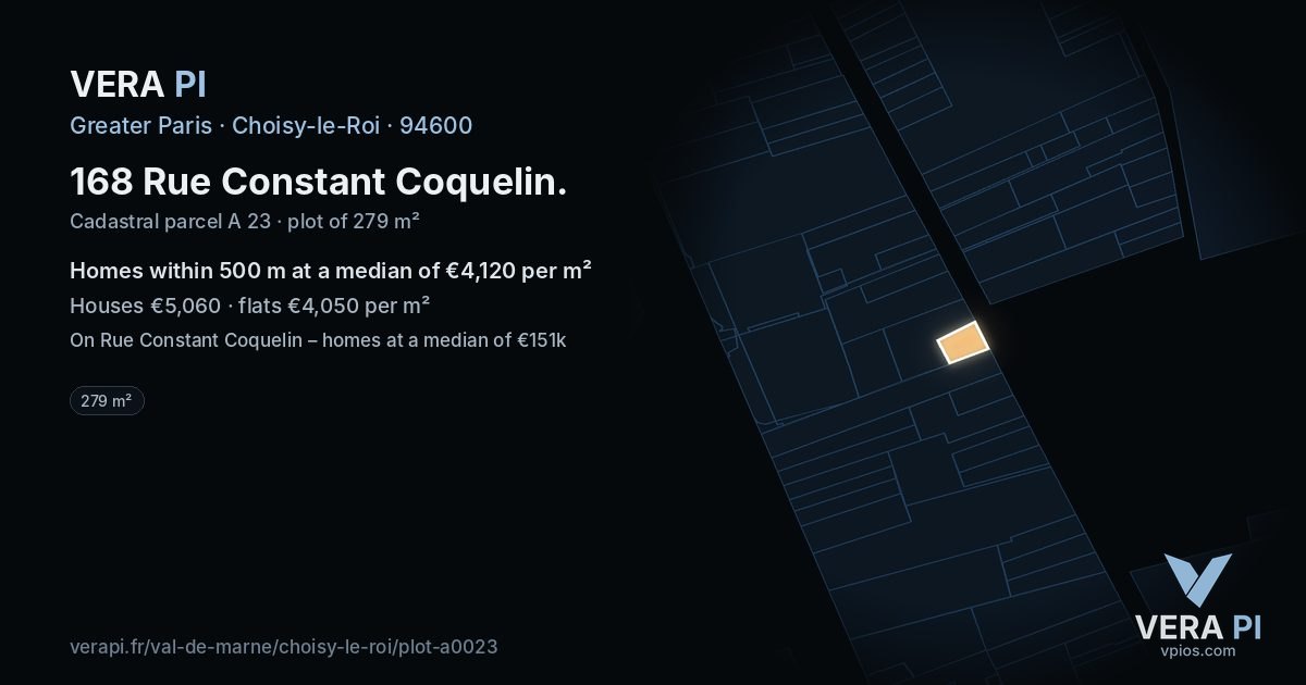 168 Rue Constant Coquelin, Choisy-le-Roi at night – the plot lit, the parcels around coloured by the prices near them