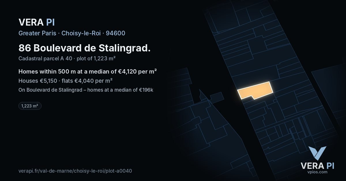 86 Boulevard de Stalingrad, Choisy-le-Roi at night – the plot lit, the parcels around coloured by the prices near them