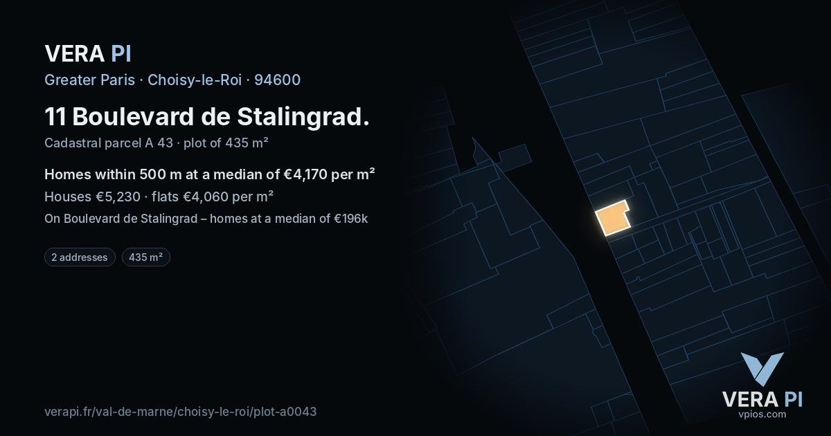 11 Boulevard de Stalingrad, Choisy-le-Roi at night – the plot lit, the parcels around coloured by the prices near them