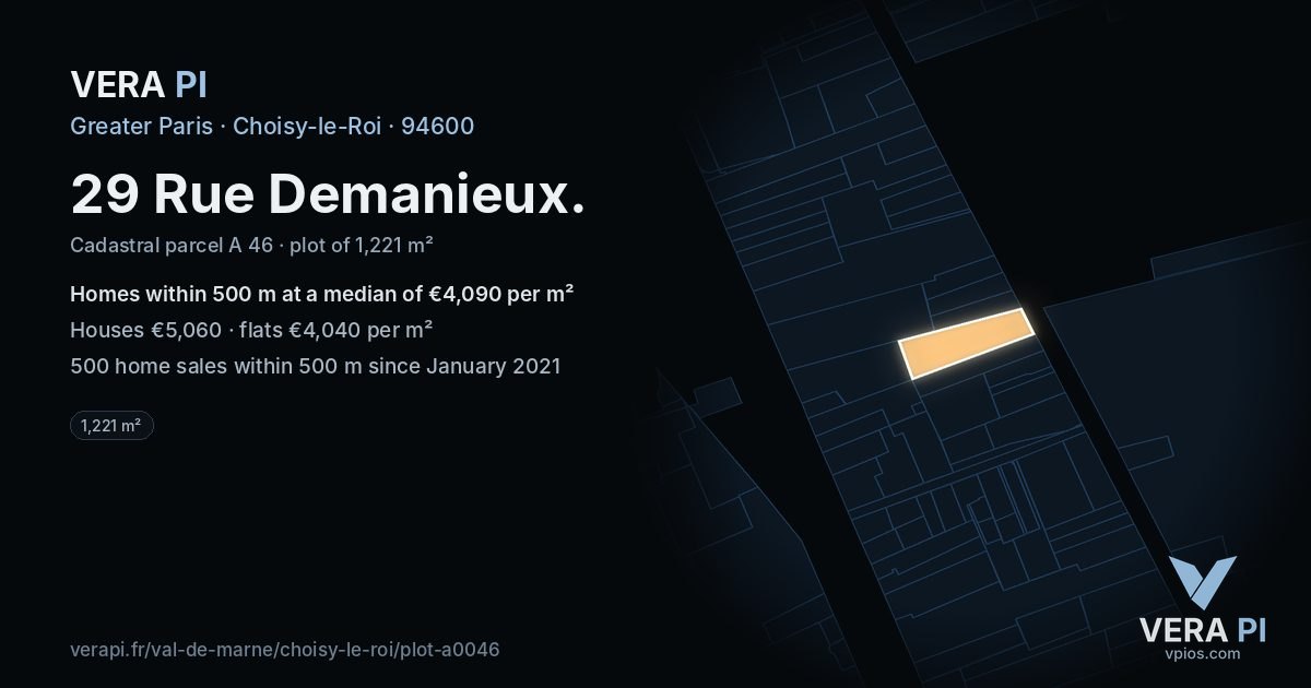 29 Rue Demanieux, Choisy-le-Roi at night – the plot lit, the parcels around coloured by the prices near them