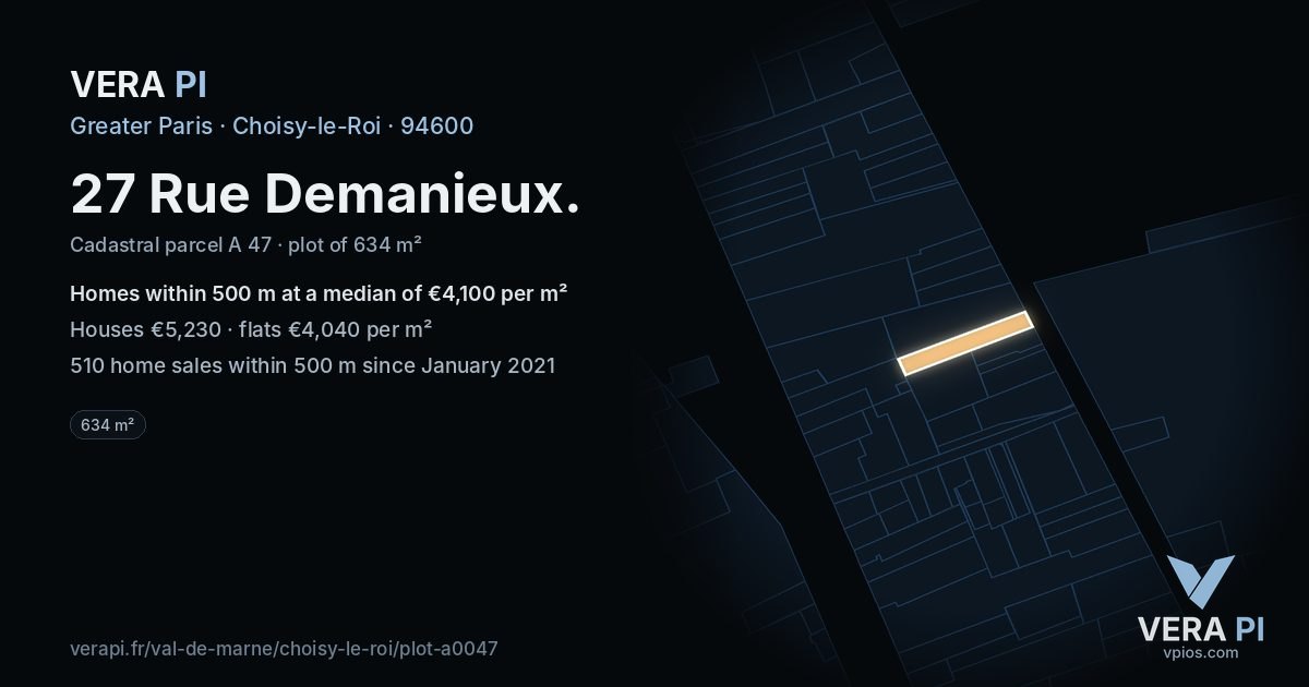27 Rue Demanieux, Choisy-le-Roi at night – the plot lit, the parcels around coloured by the prices near them