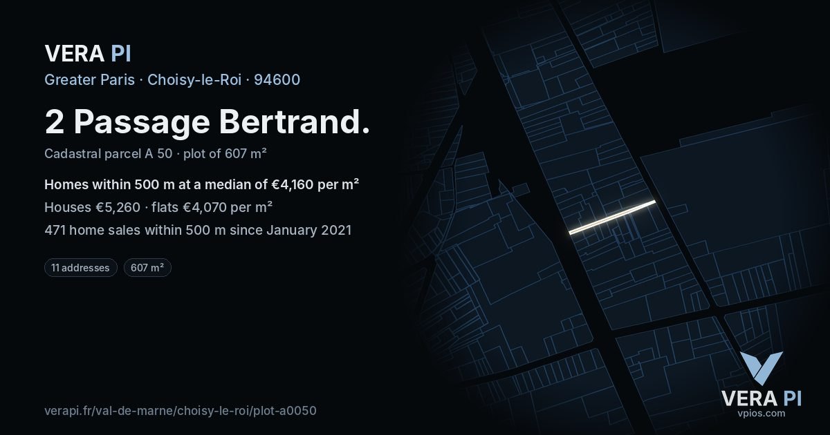 2 Passage Bertrand, Choisy-le-Roi at night – the plot lit, the parcels around coloured by the prices near them