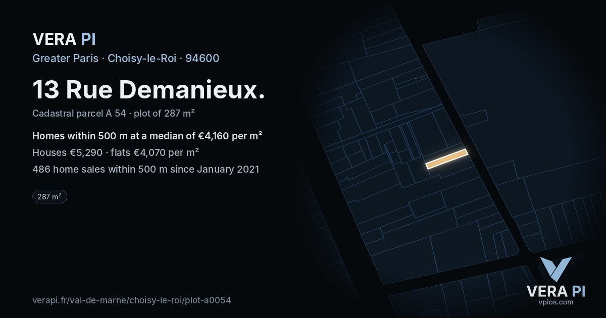 13 Rue Demanieux, Choisy-le-Roi at night – the plot lit, the parcels around coloured by the prices near them