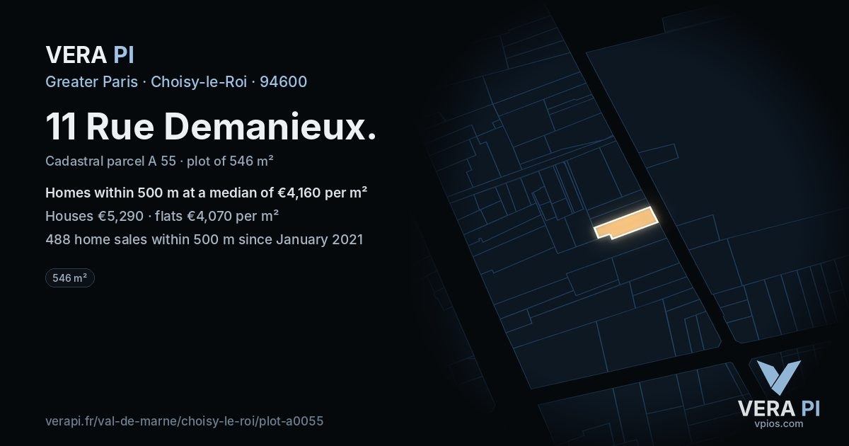 11 Rue Demanieux, Choisy-le-Roi at night – the plot lit, the parcels around coloured by the prices near them