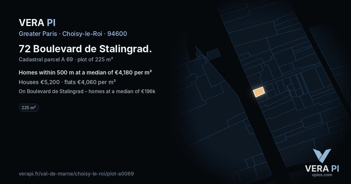 72 Boulevard de Stalingrad, Choisy-le-Roi at night – the plot lit, the parcels around coloured by the prices near them