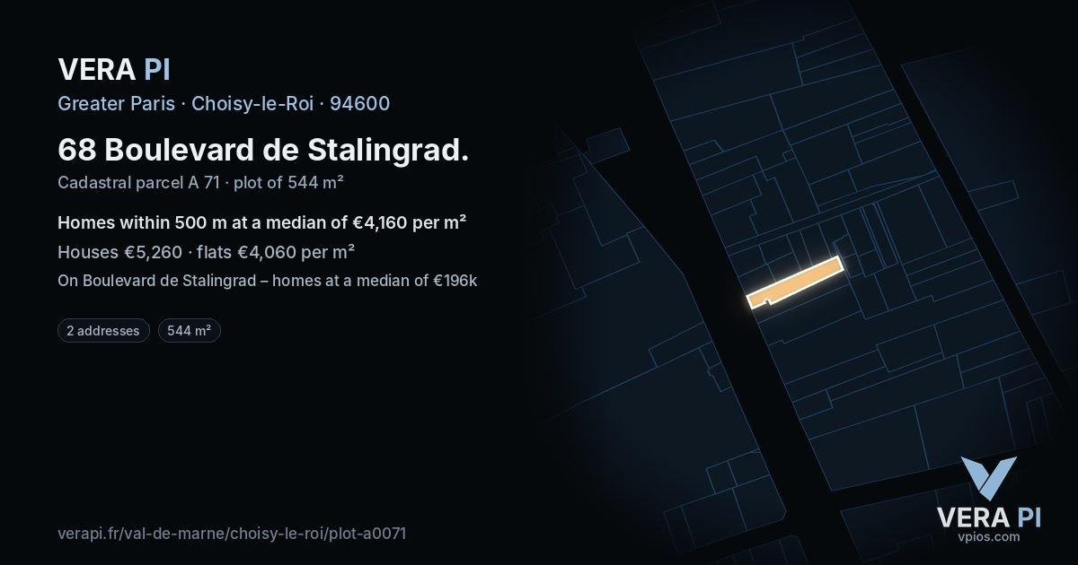 68 Boulevard de Stalingrad, Choisy-le-Roi at night – the plot lit, the parcels around coloured by the prices near them