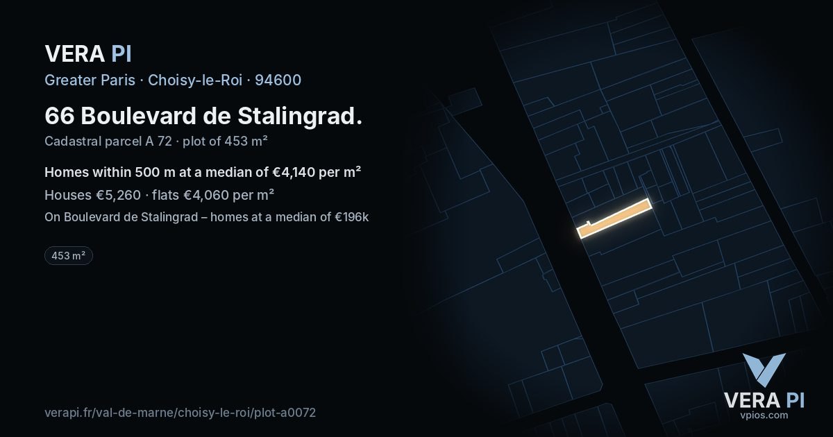 66 Boulevard de Stalingrad, Choisy-le-Roi at night – the plot lit, the parcels around coloured by the prices near them