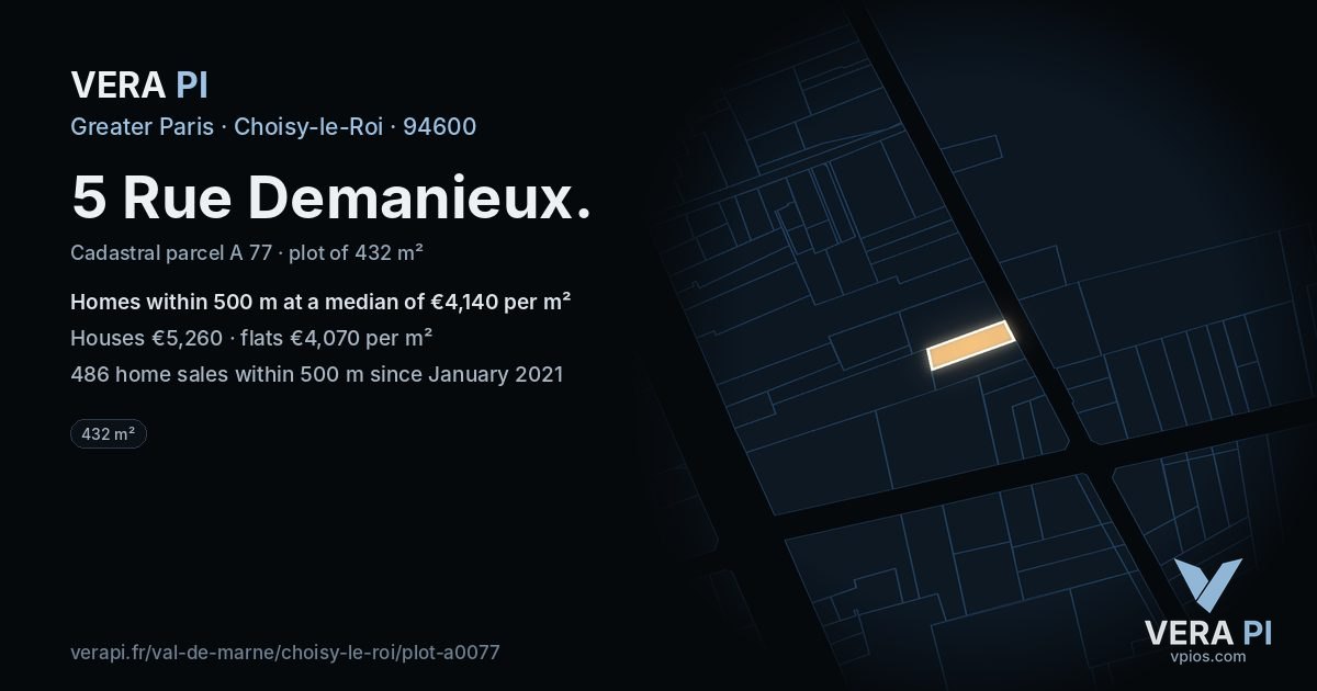 5 Rue Demanieux, Choisy-le-Roi at night – the plot lit, the parcels around coloured by the prices near them