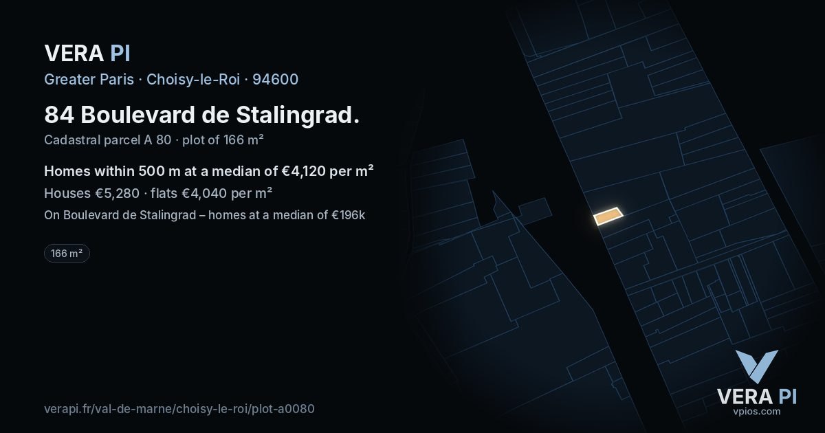 84 Boulevard de Stalingrad, Choisy-le-Roi at night – the plot lit, the parcels around coloured by the prices near them