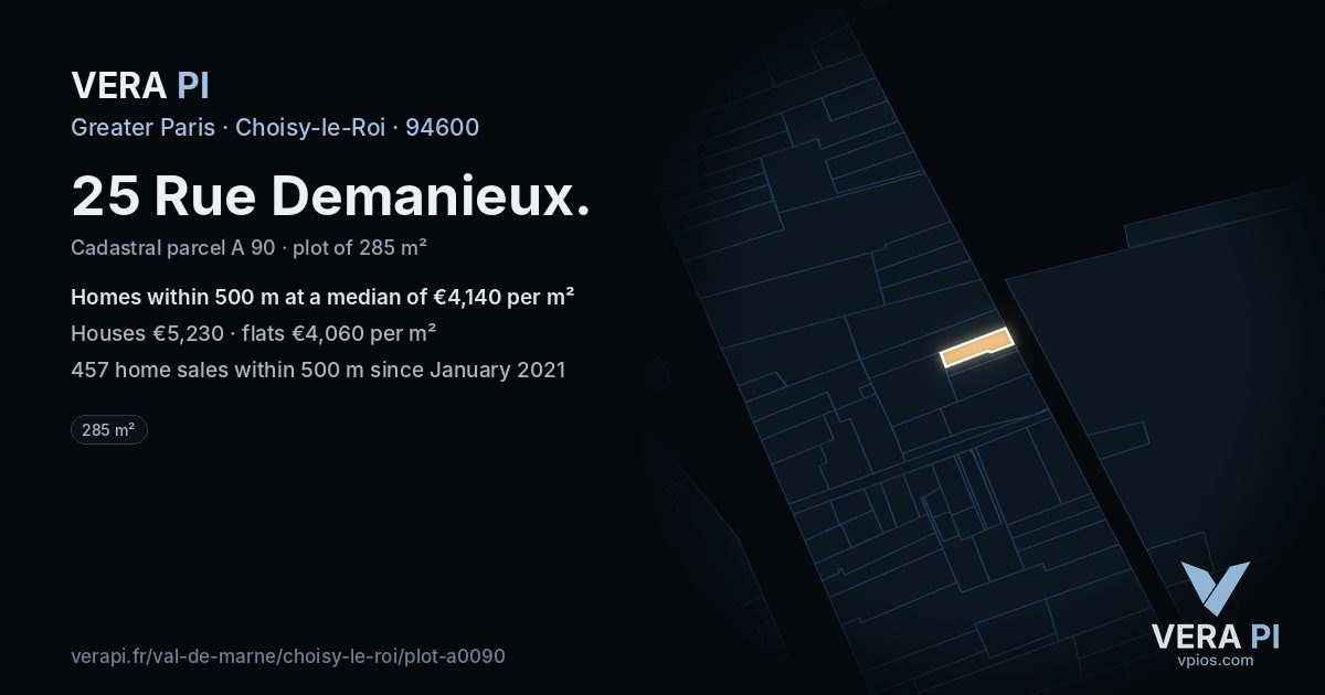 25 Rue Demanieux, Choisy-le-Roi at night – the plot lit, the parcels around coloured by the prices near them