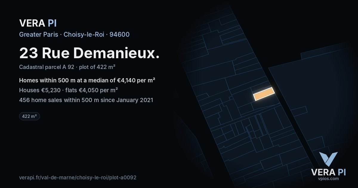 23 Rue Demanieux, Choisy-le-Roi at night – the plot lit, the parcels around coloured by the prices near them
