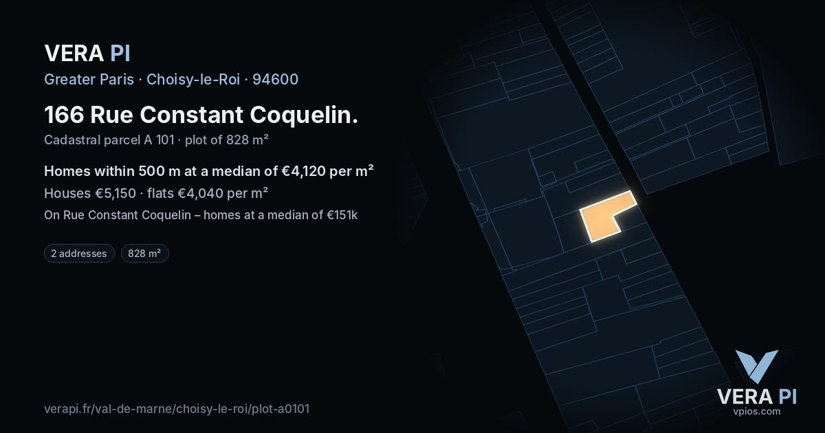 166 Rue Constant Coquelin, Choisy-le-Roi at night – the plot lit, the parcels around coloured by the prices near them