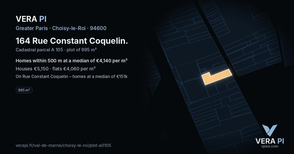 164 Rue Constant Coquelin, Choisy-le-Roi at night – the plot lit, the parcels around coloured by the prices near them