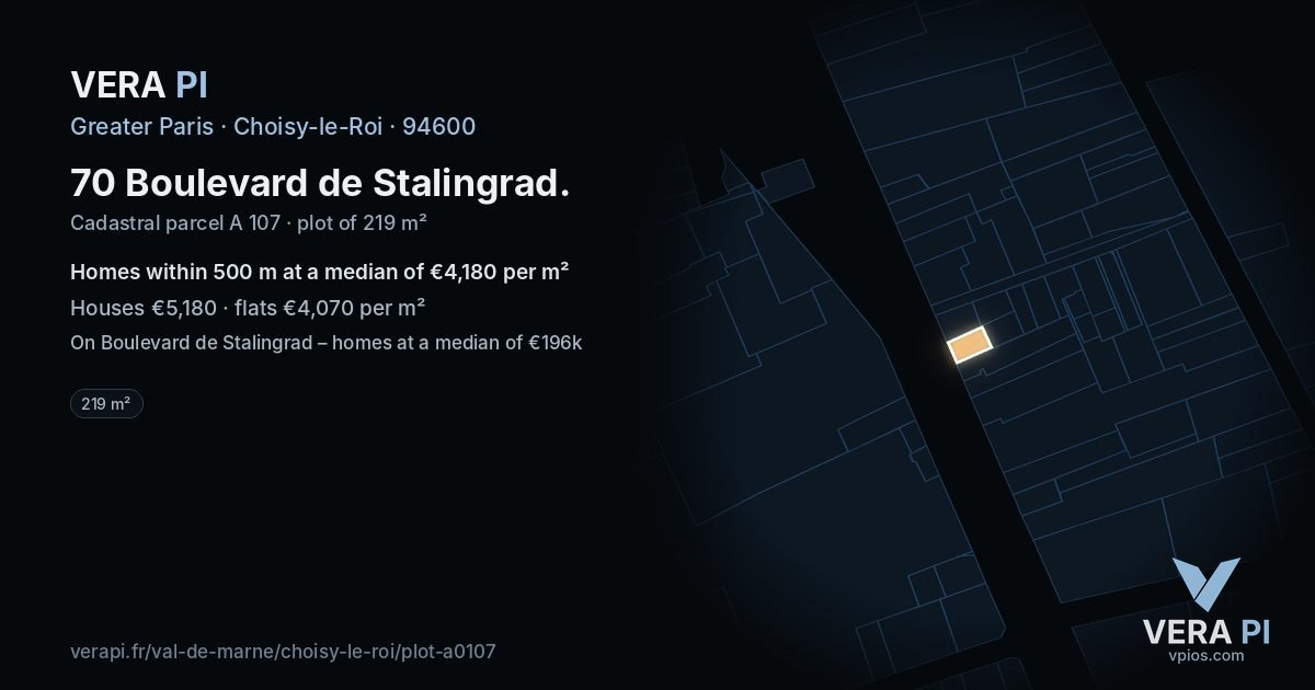 70 Boulevard de Stalingrad, Choisy-le-Roi at night – the plot lit, the parcels around coloured by the prices near them