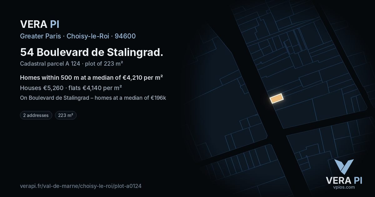 54 Boulevard de Stalingrad, Choisy-le-Roi at night – the plot lit, the parcels around coloured by the prices near them