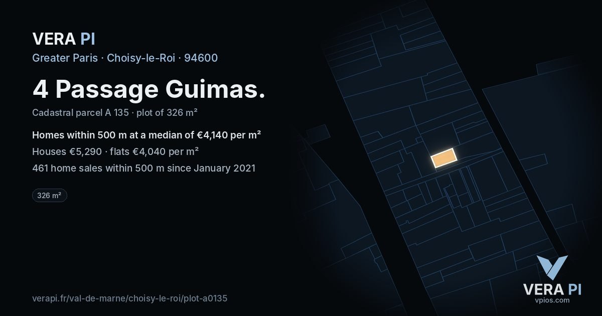 4 Passage Guimas, Choisy-le-Roi at night – the plot lit, the parcels around coloured by the prices near them