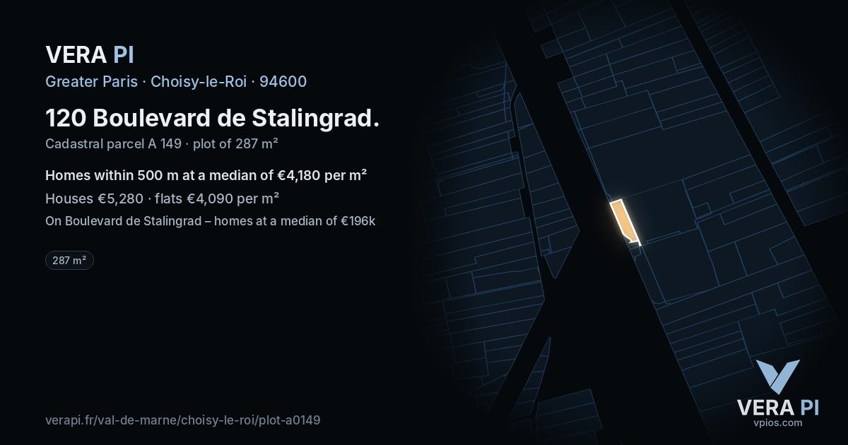 120 Boulevard de Stalingrad, Choisy-le-Roi at night – the plot lit, the parcels around coloured by the prices near them