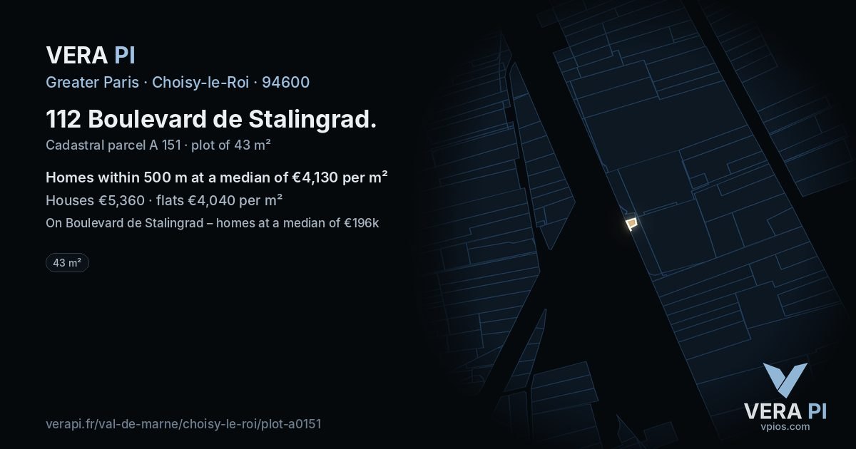 112 Boulevard de Stalingrad, Choisy-le-Roi at night – the plot lit, the parcels around coloured by the prices near them