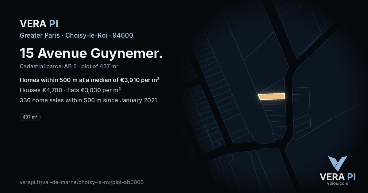 15 Avenue Guynemer, Choisy-le-Roi at night – the plot lit, the parcels around coloured by the prices near them