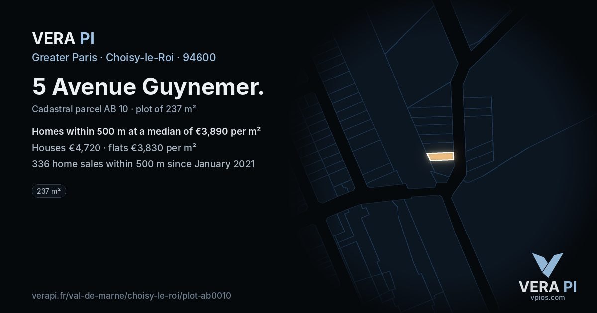 5 Avenue Guynemer, Choisy-le-Roi at night – the plot lit, the parcels around coloured by the prices near them