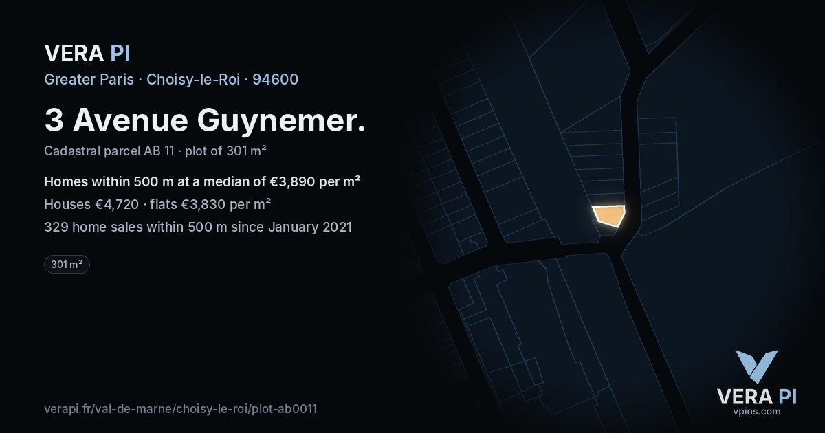 3 Avenue Guynemer, Choisy-le-Roi at night – the plot lit, the parcels around coloured by the prices near them