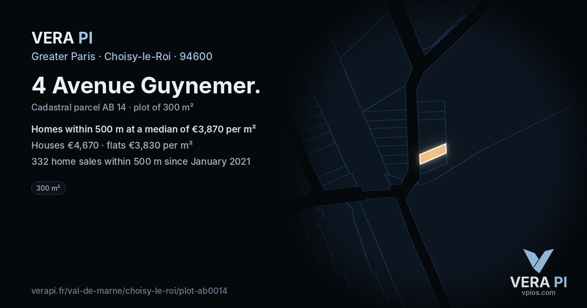 4 Avenue Guynemer, Choisy-le-Roi at night – the plot lit, the parcels around coloured by the prices near them