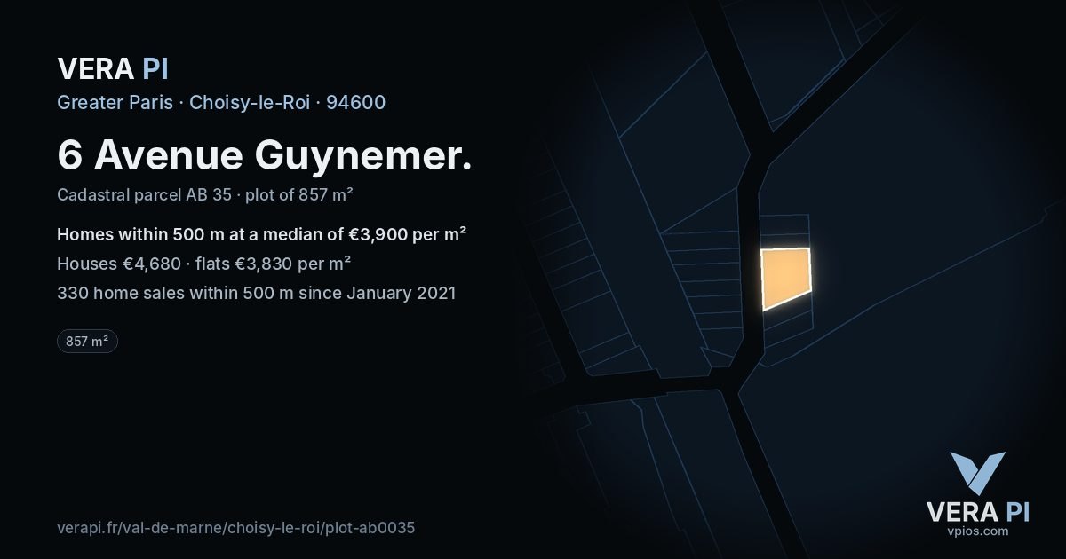 6 Avenue Guynemer, Choisy-le-Roi at night – the plot lit, the parcels around coloured by the prices near them