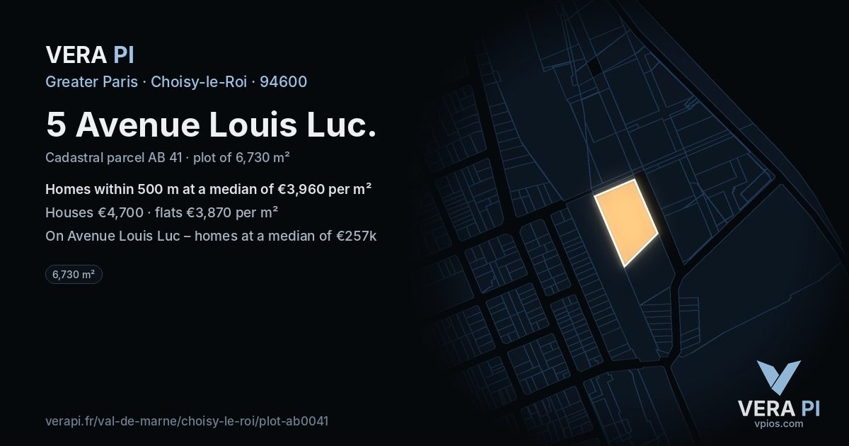 5 Avenue Louis Luc, Choisy-le-Roi at night – the plot lit, the parcels around coloured by the prices near them