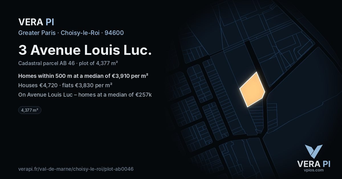 3 Avenue Louis Luc, Choisy-le-Roi at night – the plot lit, the parcels around coloured by the prices near them