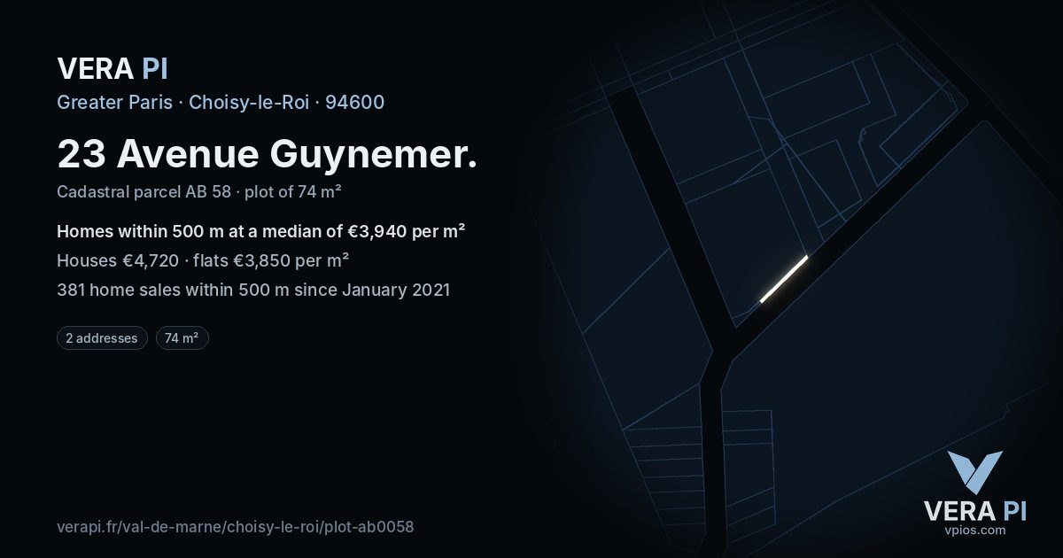 23 Avenue Guynemer, Choisy-le-Roi at night – the plot lit, the parcels around coloured by the prices near them