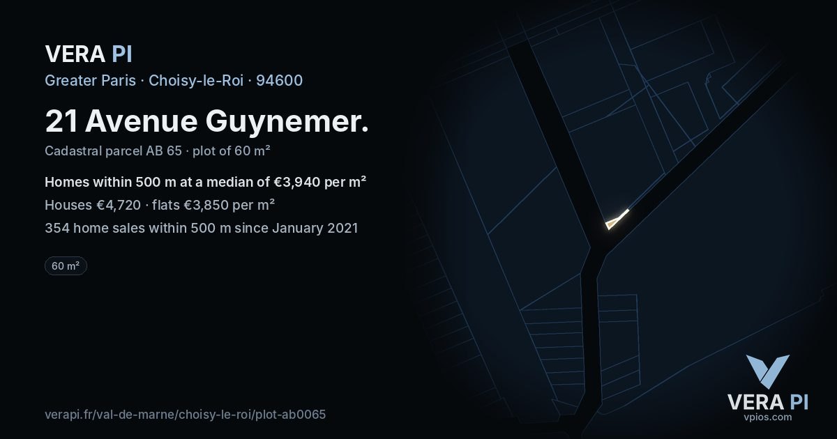 21 Avenue Guynemer, Choisy-le-Roi at night – the plot lit, the parcels around coloured by the prices near them