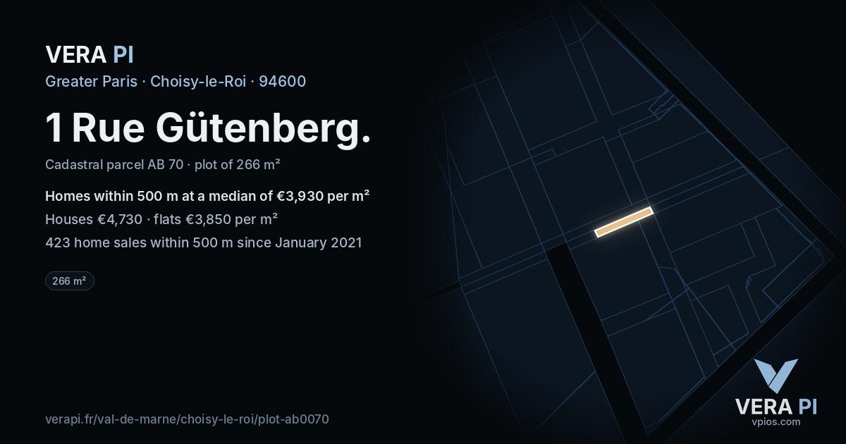 1 Rue Gütenberg, Choisy-le-Roi at night – the plot lit, the parcels around coloured by the prices near them