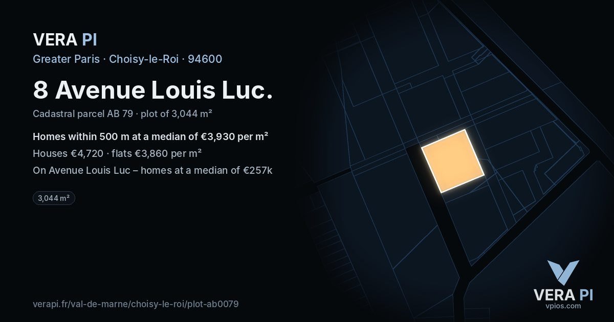 8 Avenue Louis Luc, Choisy-le-Roi at night – the plot lit, the parcels around coloured by the prices near them