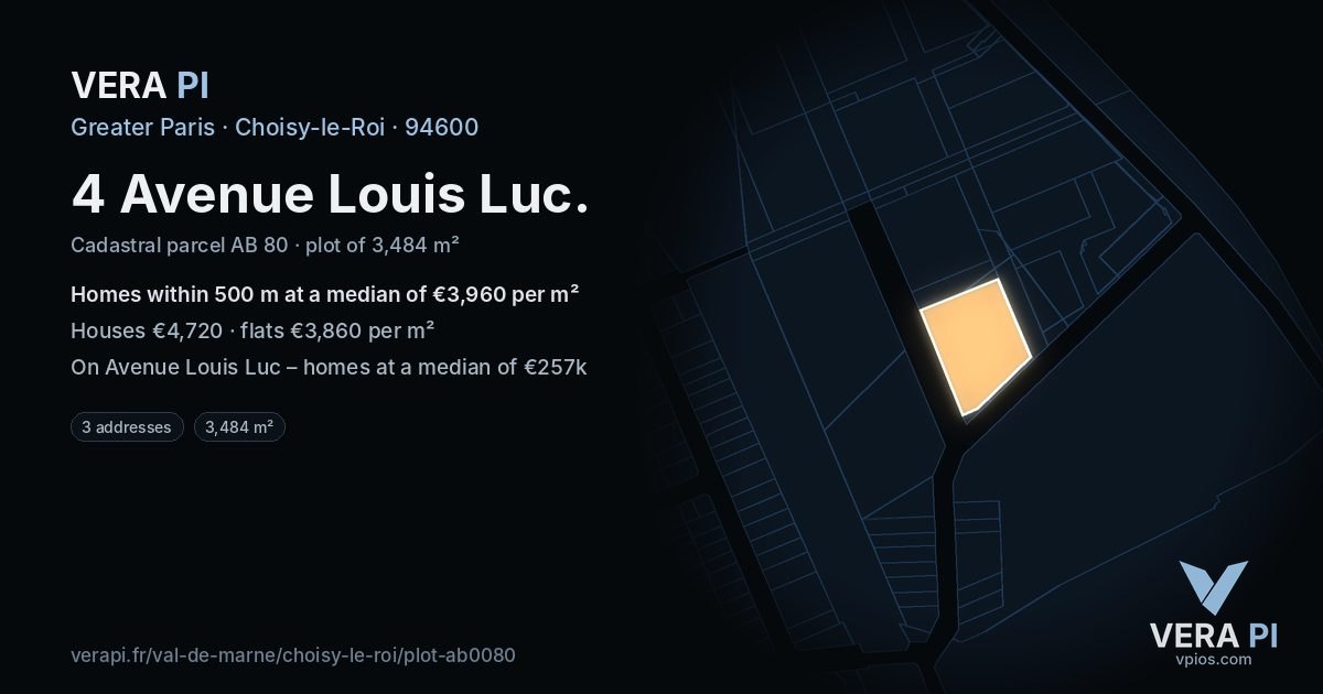 4 Avenue Louis Luc, Choisy-le-Roi at night – the plot lit, the parcels around coloured by the prices near them