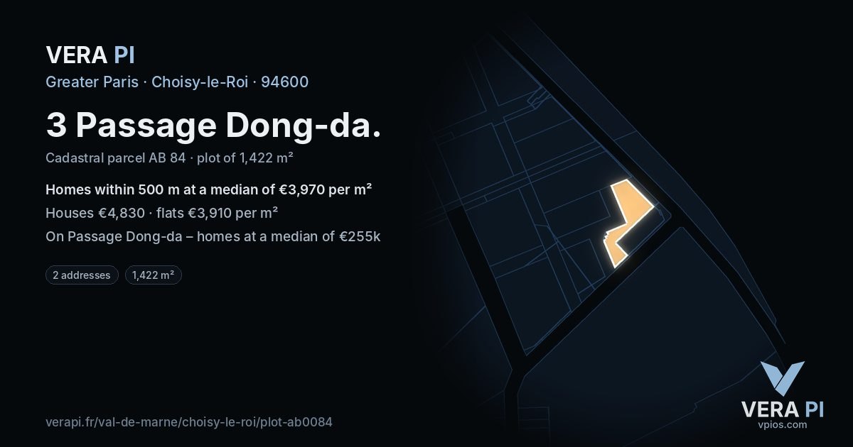 3 Passage Dong-da, Choisy-le-Roi at night – the plot lit, the parcels around coloured by the prices near them