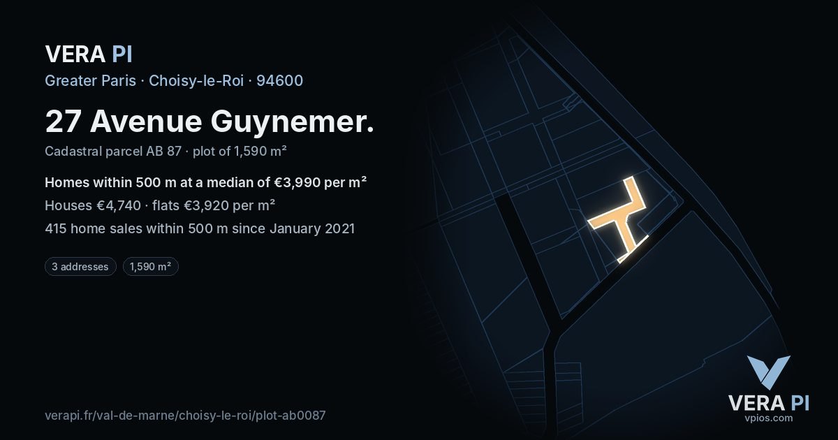 27 Avenue Guynemer, Choisy-le-Roi at night – the plot lit, the parcels around coloured by the prices near them
