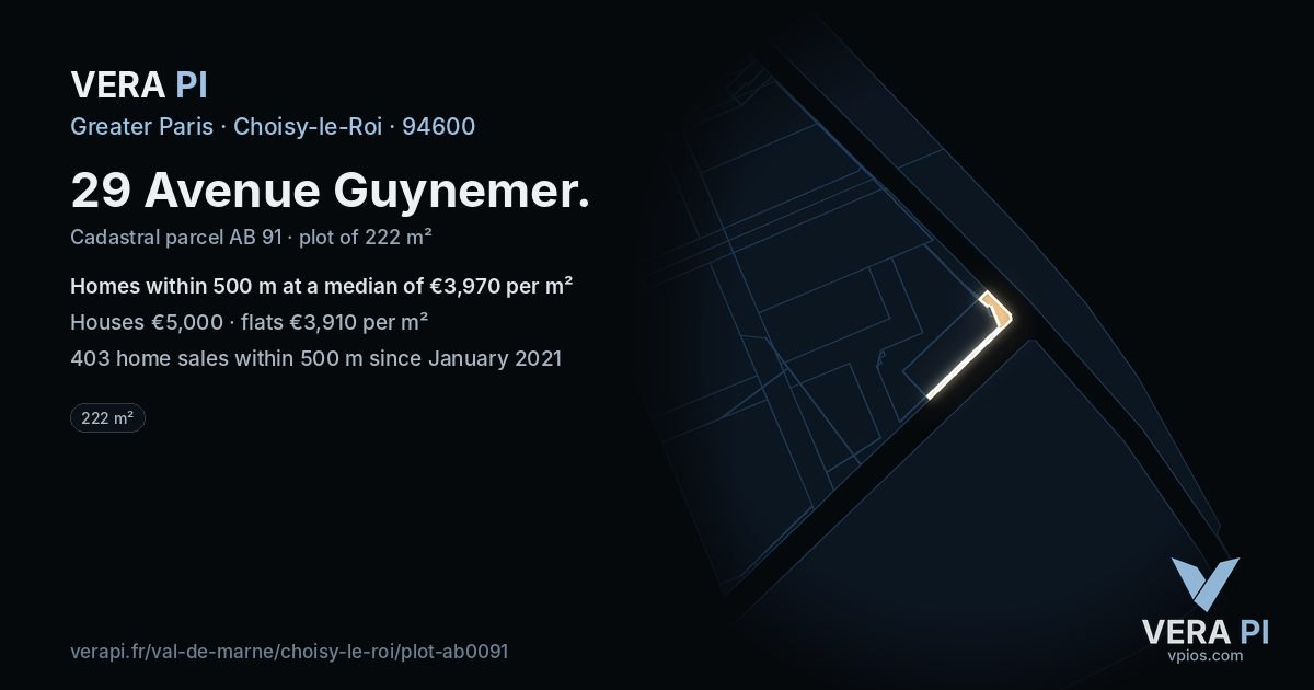 29 Avenue Guynemer, Choisy-le-Roi at night – the plot lit, the parcels around coloured by the prices near them