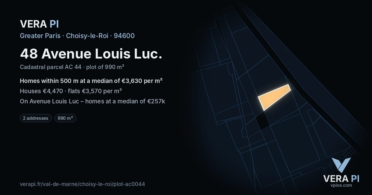 48 Avenue Louis Luc, Choisy-le-Roi at night – the plot lit, the parcels around coloured by the prices near them