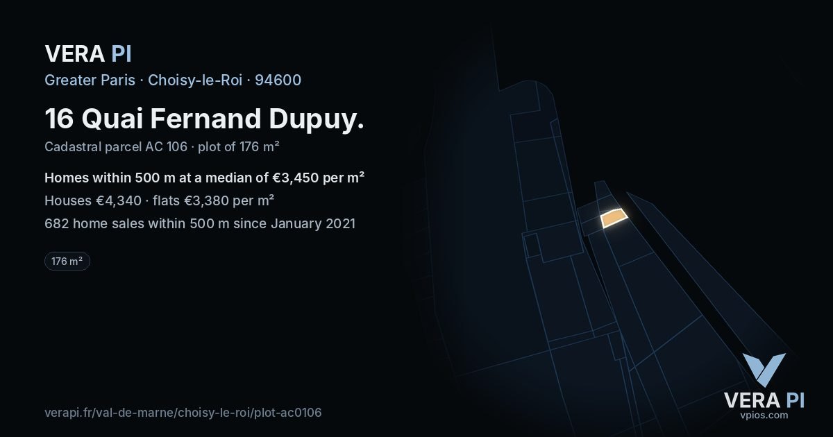 16 Quai Fernand Dupuy, Choisy-le-Roi at night – the plot lit, the parcels around coloured by the prices near them